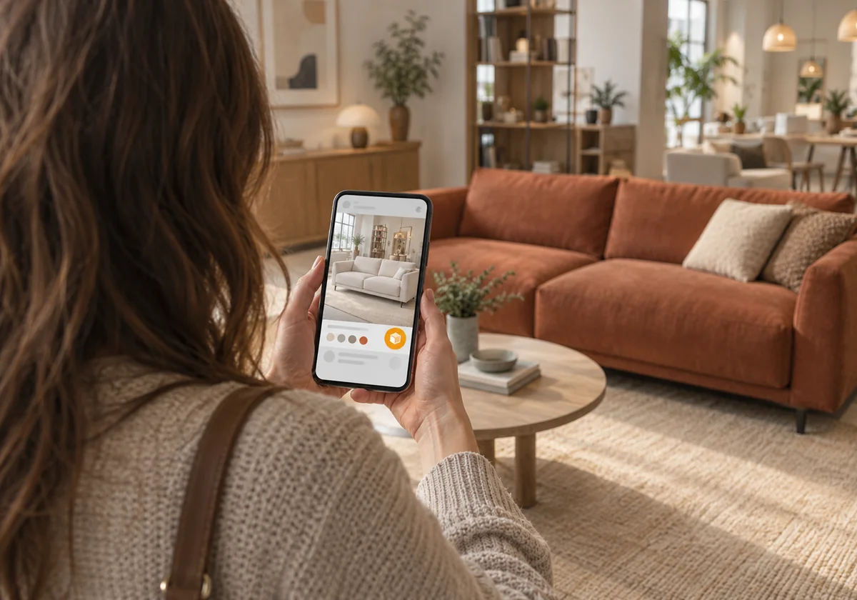 Zákazník v showroomu prohlíží jinou barevnou variantu gauče v telefonu